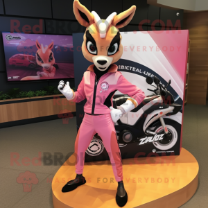 Pink Gazelle mascot costume character dressed with a Moto Jacket and Rings