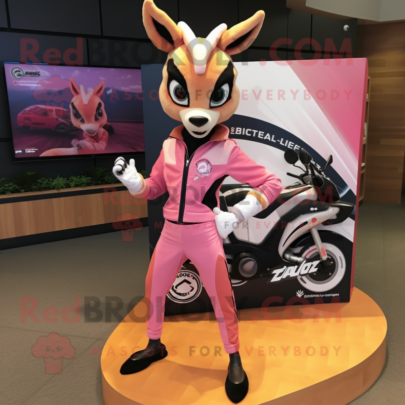 Pink Gazelle mascot costume character dressed with a Moto Jacket and Rings Pink Gazelle mascot costume character dressed with a Moto Jacket and Rings