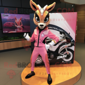 Pink Gazelle mascot costume character dressed with a Moto Jacket and Rings