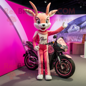 Pink Gazelle mascot costume character dressed with a Moto Jacket and Rings