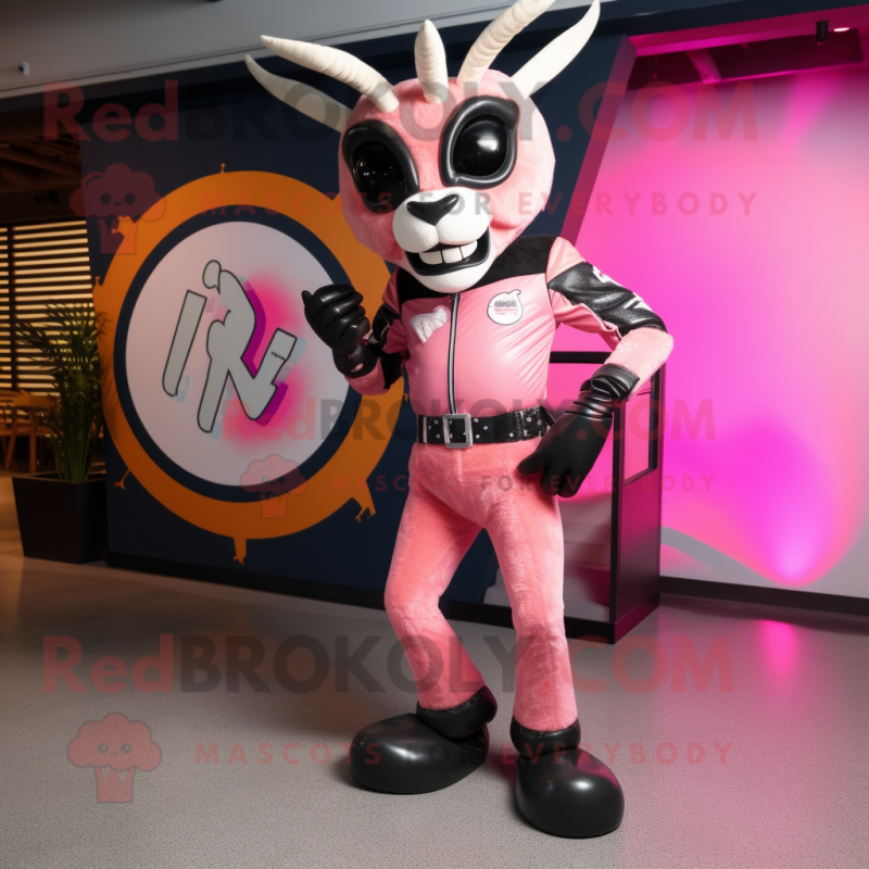 Pink Gazelle mascot costume character dressed with a Moto Jacket and Rings