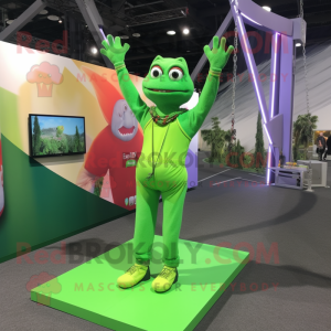 Lime Green Trapeze Artist mascot costume character dressed with a Vest and Bracelets