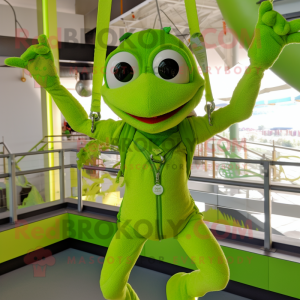 Lime Green Trapeze Artist mascot costume character dressed with a Vest and Bracelets
