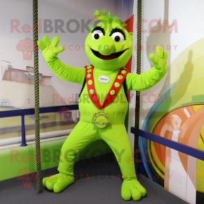 Lime Green Trapeze Artist mascot costume character dressed with a Vest and Bracelets