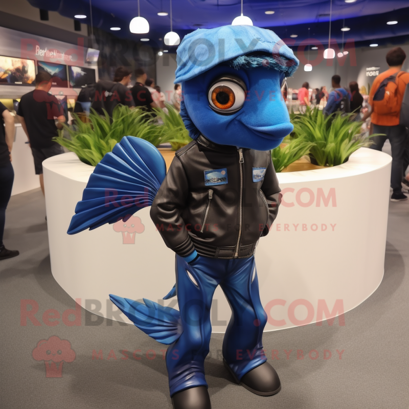 Navy Betta Fish mascot costume character dressed with a Leather Jacket and Anklets Navy Betta Fish mascot costume character dressed with a Leather Jacket and Anklets