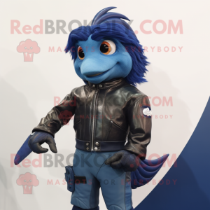 Navy Betta Fish mascot costume character dressed with a Leather Jacket and Anklets