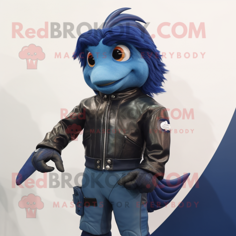 Navy Betta Fish mascot costume character dressed with a Leather Jacket and Anklets Navy Betta Fish mascot costume character dressed with a Leather Jacket and Anklets