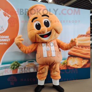 Peach Croissant mascot costume character dressed with a Dungarees and Lapel pins