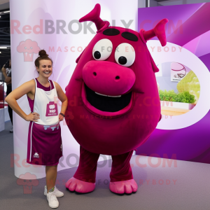 Magenta Beef Wellington mascot costume character dressed with a Tank Top and Cummerbunds