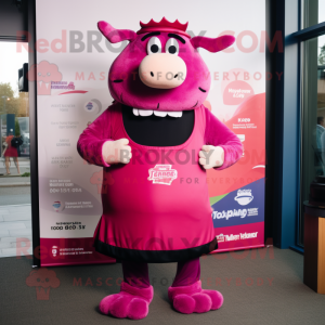 Magenta Beef Wellington mascot costume character dressed with a Tank Top and Cummerbunds