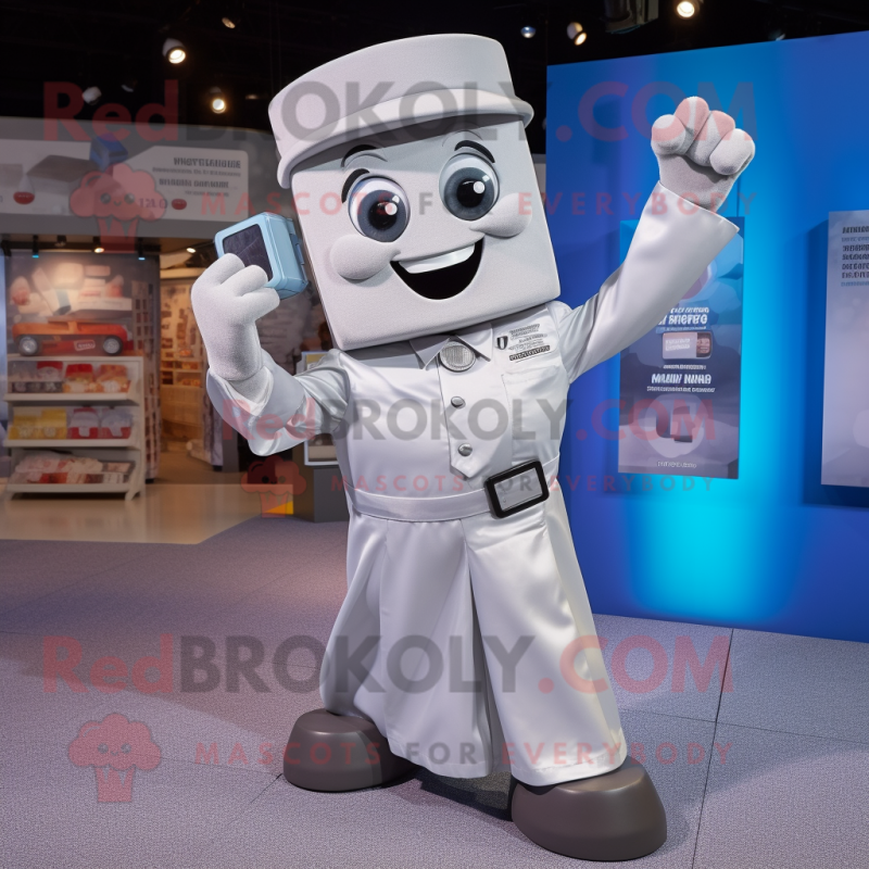 Silver Phone mascot costume character dressed with a Poplin Shirt and Belts Silver Phone mascot costume character dressed with a Poplin Shirt and Belts