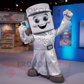 Silver Phone mascot costume character dressed with a Poplin Shirt and Belts