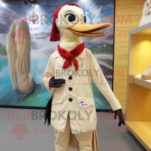 Cream Woodpecker mascot costume character dressed with a Dress and Lapel pins