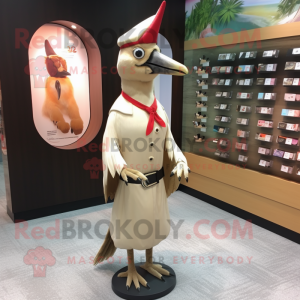 Cream Woodpecker mascot costume character dressed with a Dress and Lapel pins