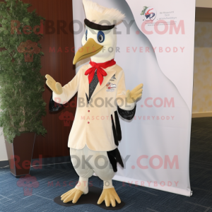 Cream Woodpecker mascot costume character dressed with a Dress and Lapel pins