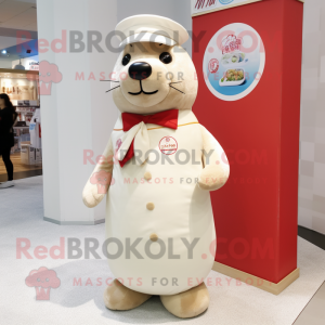 Cream Seal mascot costume character dressed with a Midi Dress and Berets