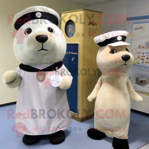 Cream Seal mascot costume character dressed with a Midi Dress and Berets