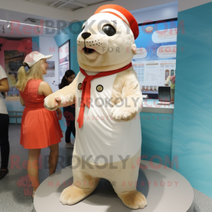 Cream Seal mascot costume character dressed with a Midi Dress and Berets