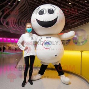 Cream Handball Ball mascot costume character dressed with a Yoga Pants and Digital watches