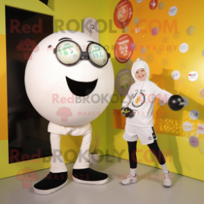 Cream Handball Ball mascot costume character dressed with a Yoga Pants and Digital watches