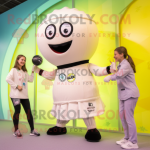 Cream Handball Ball mascot costume character dressed with a Yoga Pants and Digital watches
