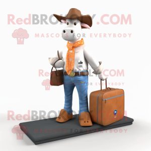 Peach Hereford Cow mascot costume character dressed with a Bootcut Jeans and Briefcases