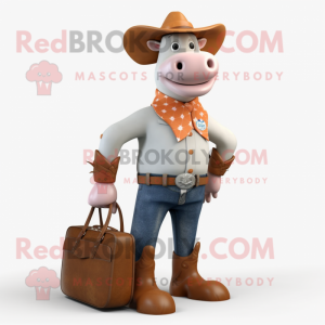 Peach Hereford Cow mascot costume character dressed with a Bootcut Jeans and Briefcases