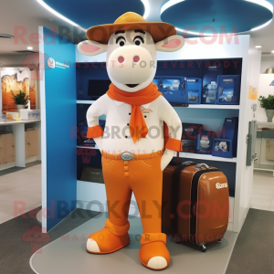 Peach Hereford Cow mascot costume character dressed with a Bootcut Jeans and Briefcases