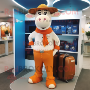 Peach Hereford Cow mascot costume character dressed with a Bootcut Jeans and Briefcases