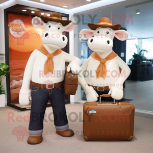 Peach Hereford Cow mascot costume character dressed with a Bootcut Jeans and Briefcases