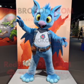 Sky Blue Fruit Bat mascot costume character dressed with a Flare Jeans and Cufflinks