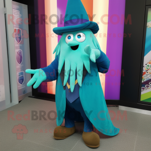 Teal Wizard mascot costume character dressed with a Waistcoat and Ties
