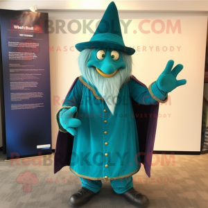 Teal Wizard mascot costume character dressed with a Waistcoat and Ties