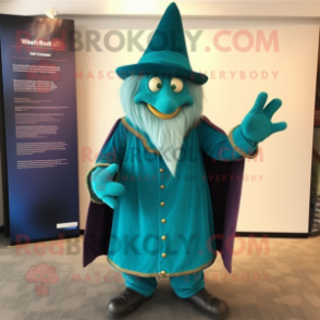 Teal Wizard mascot costume character dressed with a Waistcoat and Ties