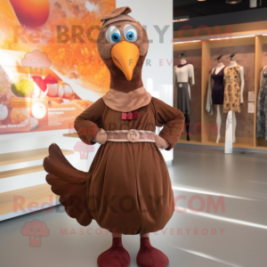 Rust Turkey mascot costume character dressed with a Maxi Dress and Belts