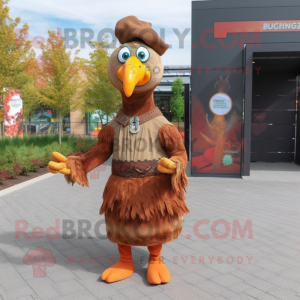 Rust Turkey mascot costume character dressed with a Maxi Dress and Belts