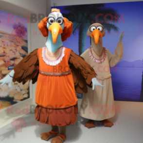 Rust Turkey mascot costume character dressed with a Maxi Dress and Belts