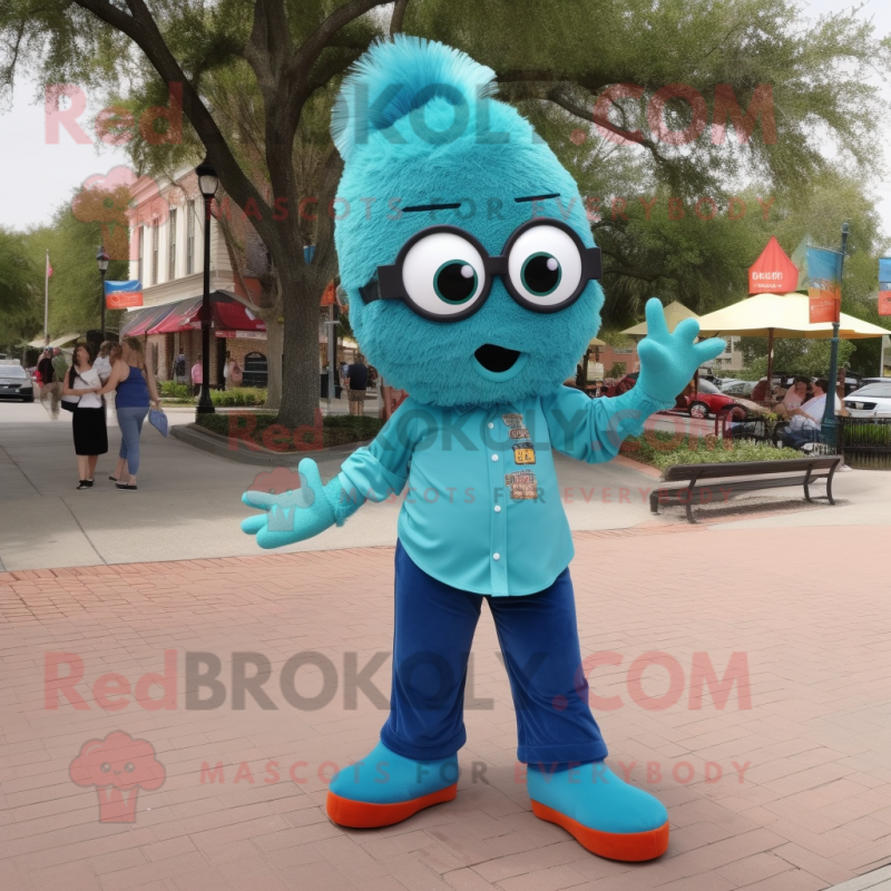 Teal Jambalaya mascot costume character dressed with a Flare Jeans and Eyeglasses