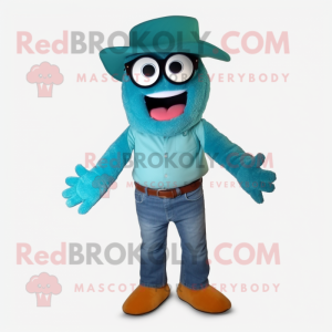 Teal Jambalaya mascot costume character dressed with a Flare Jeans and Eyeglasses