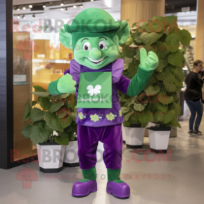 Purple Bunch Of Shamrocks mascot costume character dressed with a Skinny Jeans and Belts