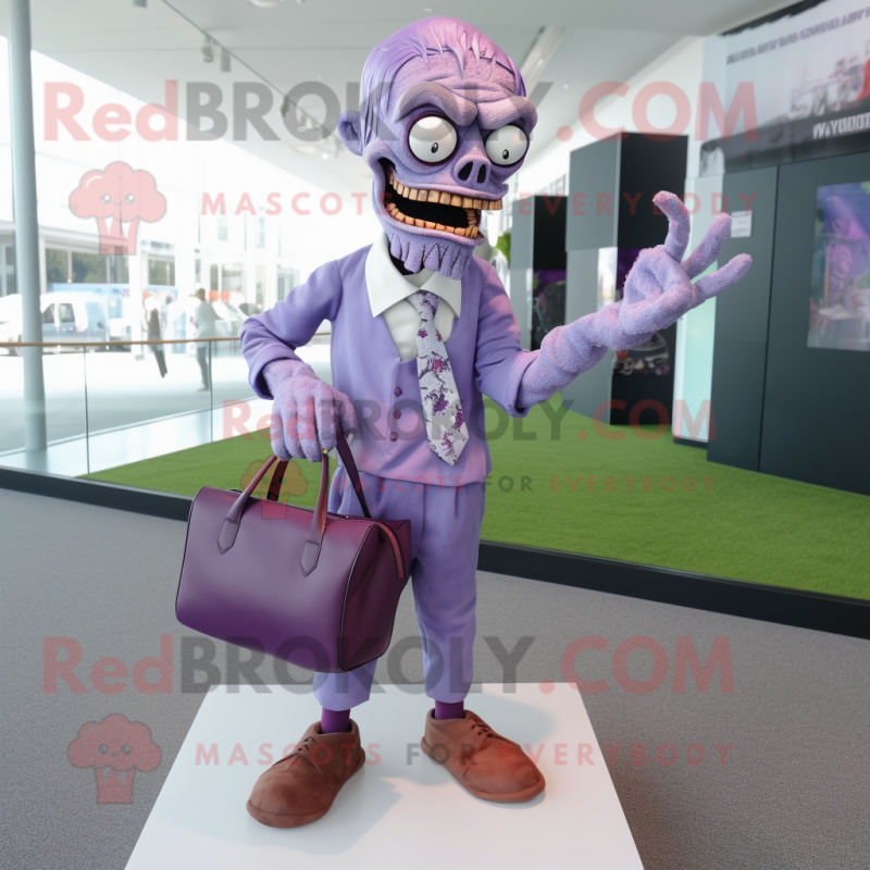 Purple Zombie mascot costume character dressed with a Dress Shirt and Handbags Purple Zombie mascot costume character dressed with a Dress Shirt and Handbags