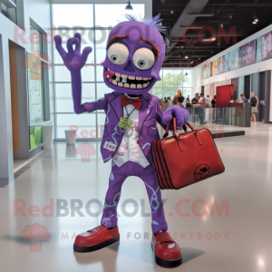 Purple Zombie mascot costume character dressed with a Dress Shirt and Handbags