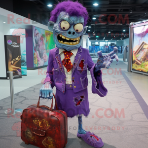 Purple Zombie mascot costume character dressed with a Dress Shirt and Handbags