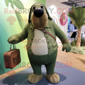 Olive Walrus mascot costume character dressed with a Capri Pants and Suspenders