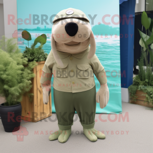 Olive Walrus mascot costume character dressed with a Capri Pants and Suspenders