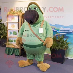 Olive Walrus mascot costume character dressed with a Capri Pants and Suspenders