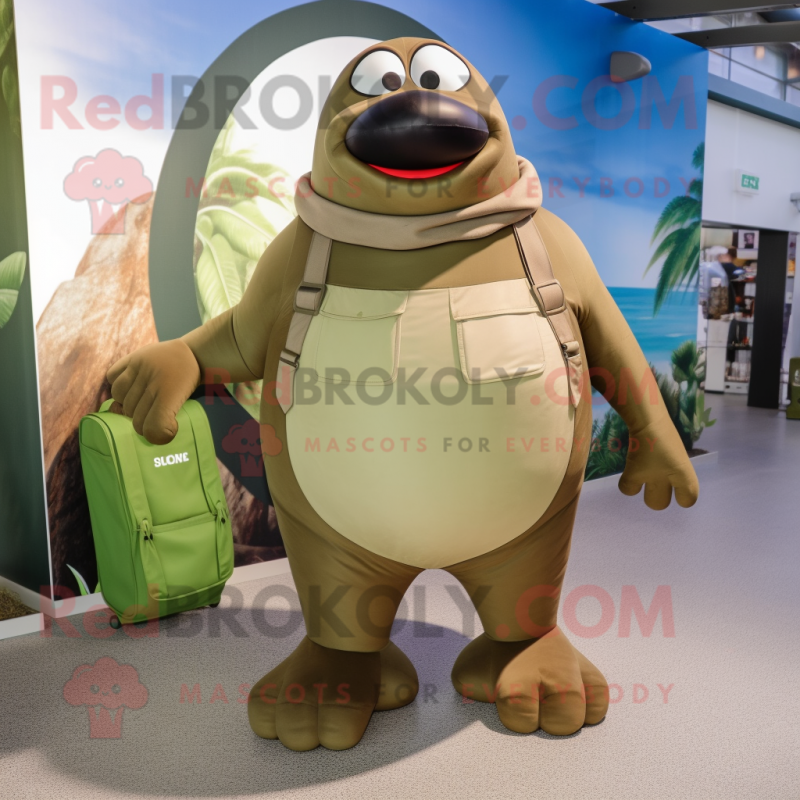 Olive Walrus mascot costume character dressed with a Capri Pants and Suspenders Olive Walrus mascot costume character dressed with a Capri Pants and Suspenders