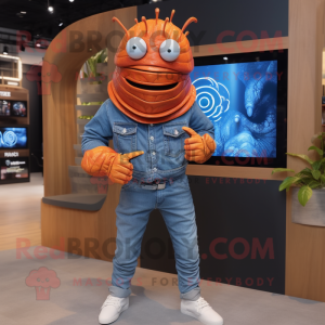Orange Trilobite mascot costume character dressed with a Denim Shirt and Digital watches