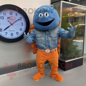 Orange Trilobite mascot costume character dressed with a Denim Shirt and Digital watches