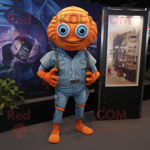 Orange Trilobite mascot costume character dressed with a Denim Shirt and Digital watches